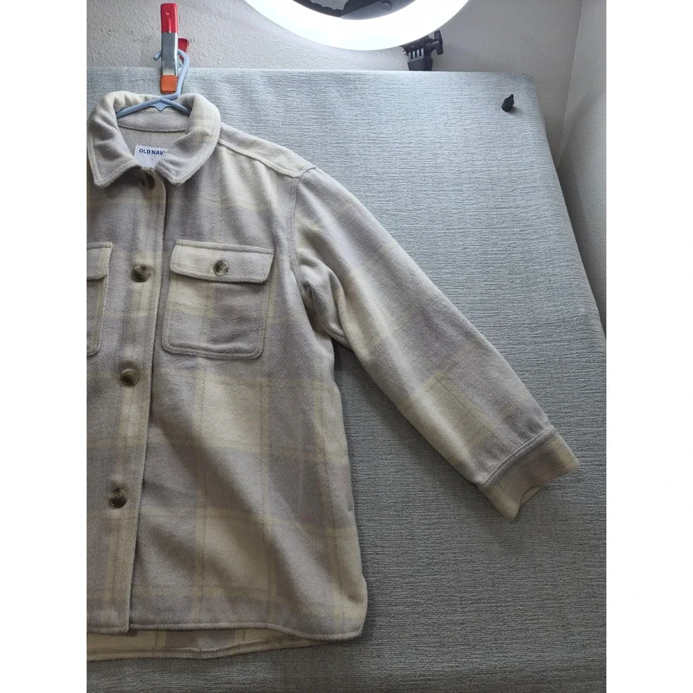 Old Navy Shacket Jacket Womens Large Cream Yellow Plaid Fleece Button Front